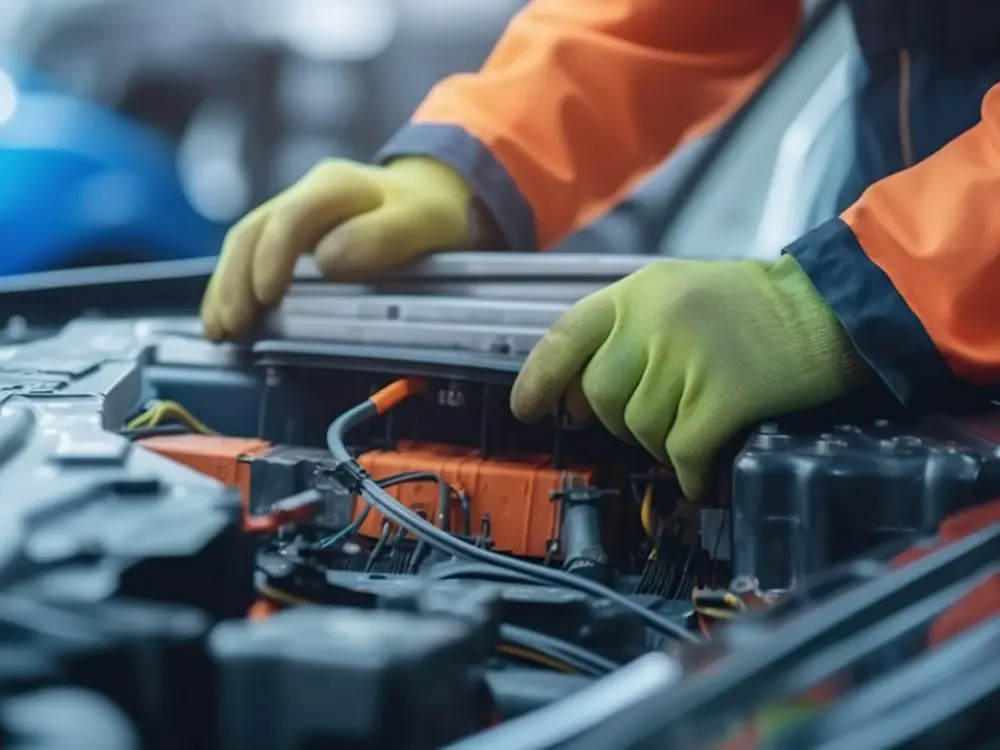 A technician in gloves working on a battery terminal